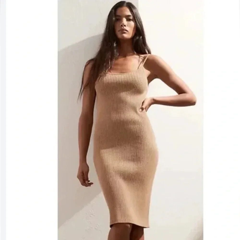 BANANA REPUBLIC Beige Ribbed Camisole Strappy Sleeve Fitted Dress Small $129